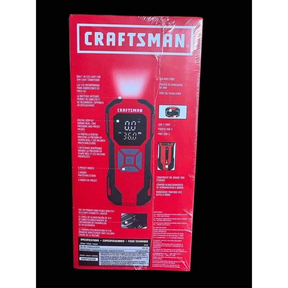 CRAFTSMAN PORTABLE AIR INFLATOR rechargeable 12-VOLT LITHIUM ION CMXPTXA1201